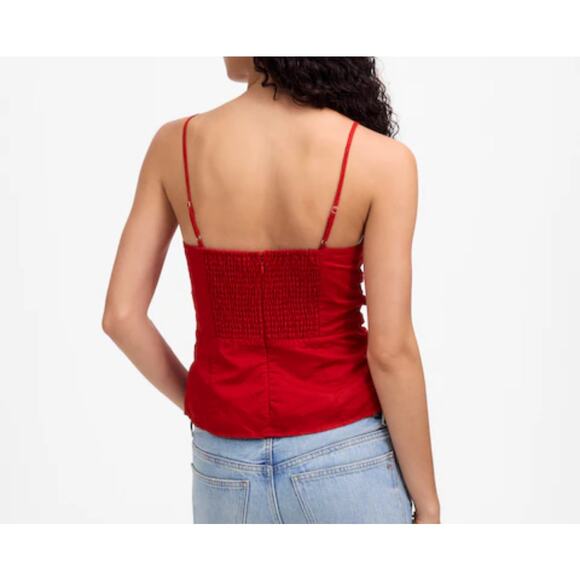 Madewell Ruched Square Neck Linen Cotton Smocked Back Red Lined Tank 2 New - Picture 2 of 12